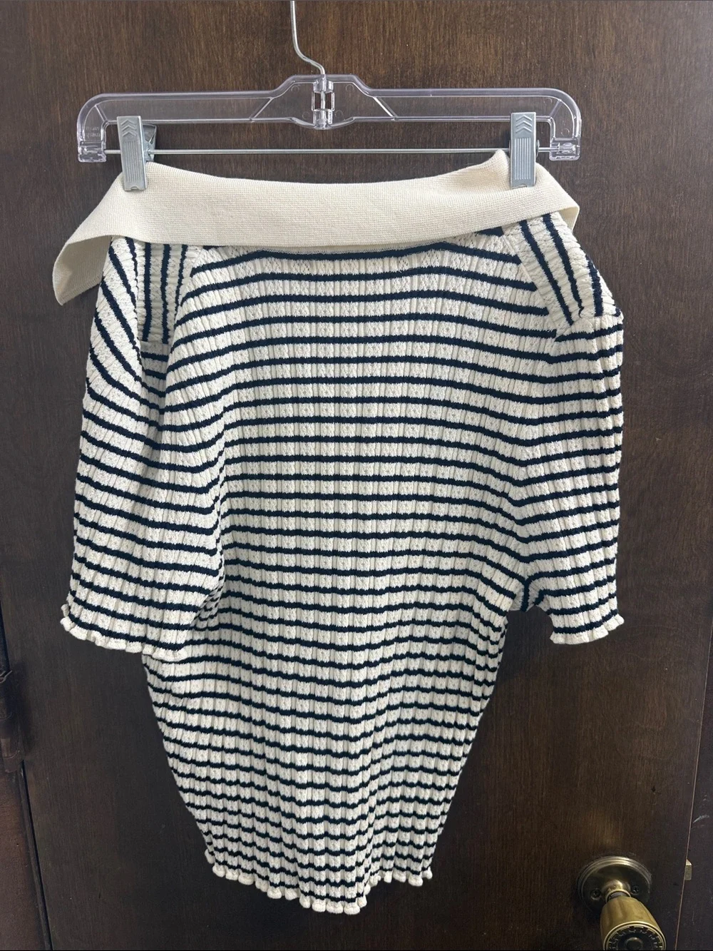 Boden Cream and Navy Striped V-Neck Polo Sweater